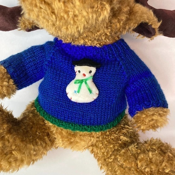 𝅺hugfun 12" Curly Hair Moose Plush Wearing Blue Snowman Sweater Winter Holiday - Picture 3 of 12